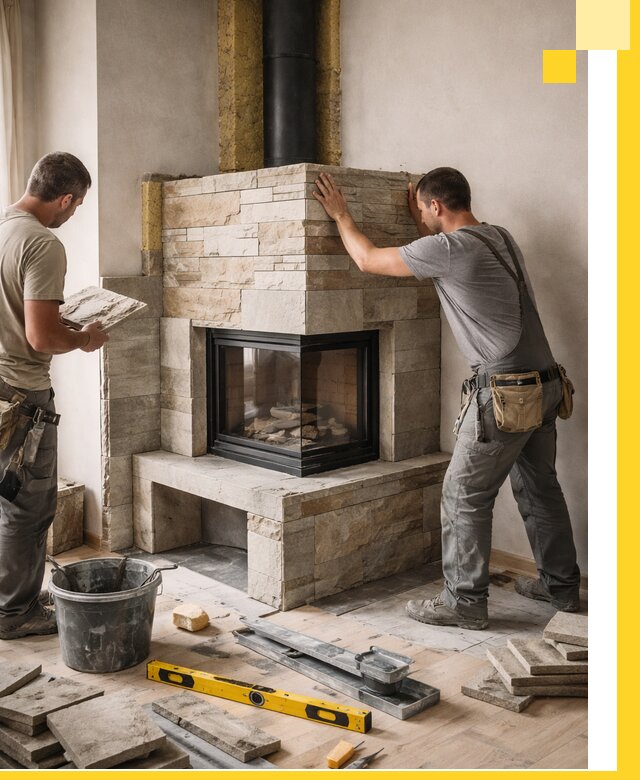 Угловые камины под ключ проект, монтаж и отделка в Малоярославце